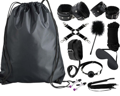 Daddy's Toy Bag Beginners Bondage Kit (Black) Daddy Master DDLG BDSM CGLG Submissive Dominant Rope Cuffs Leash Whip Nipple Clamps